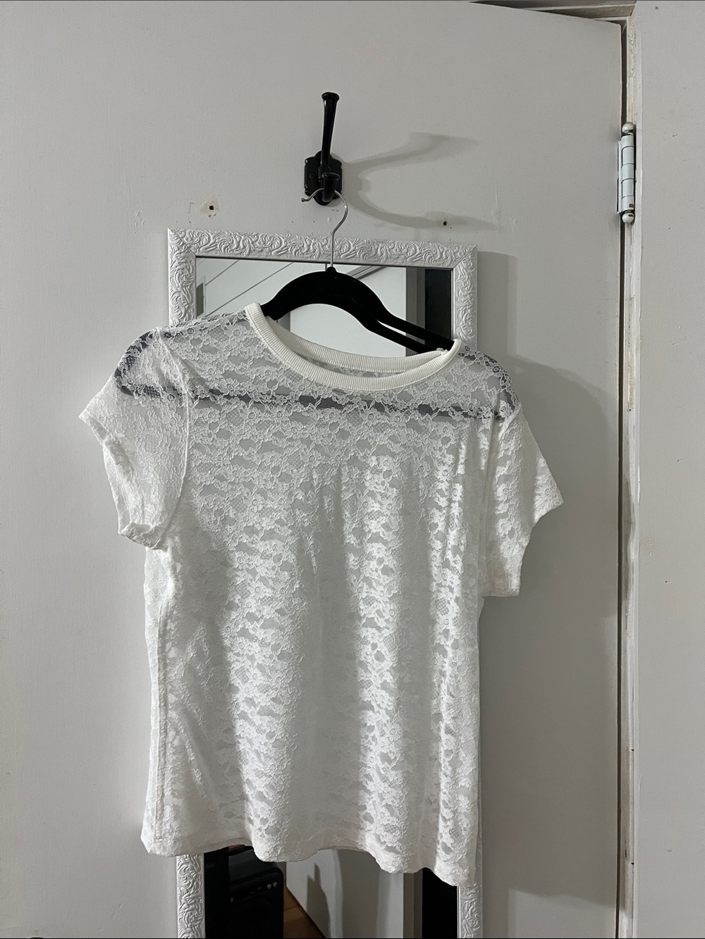 aerie White Lace Short Sleeve Tee with Sheer Yoke